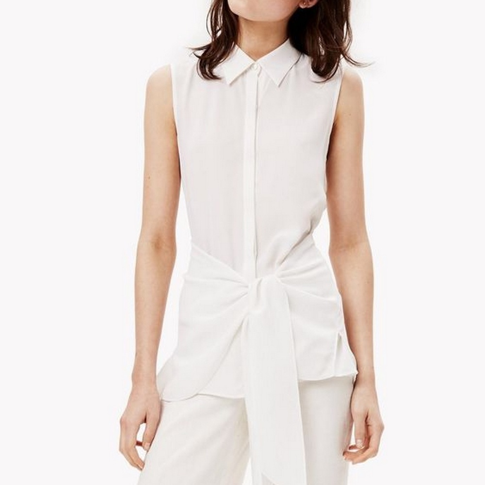 NWT Theory Sleeveless Tie-Front Silk Top, White, Medium